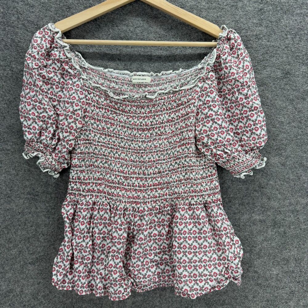 Max Studio Blouse Women M Medium White Floral Short Sleeve Rayon Pullover Casual